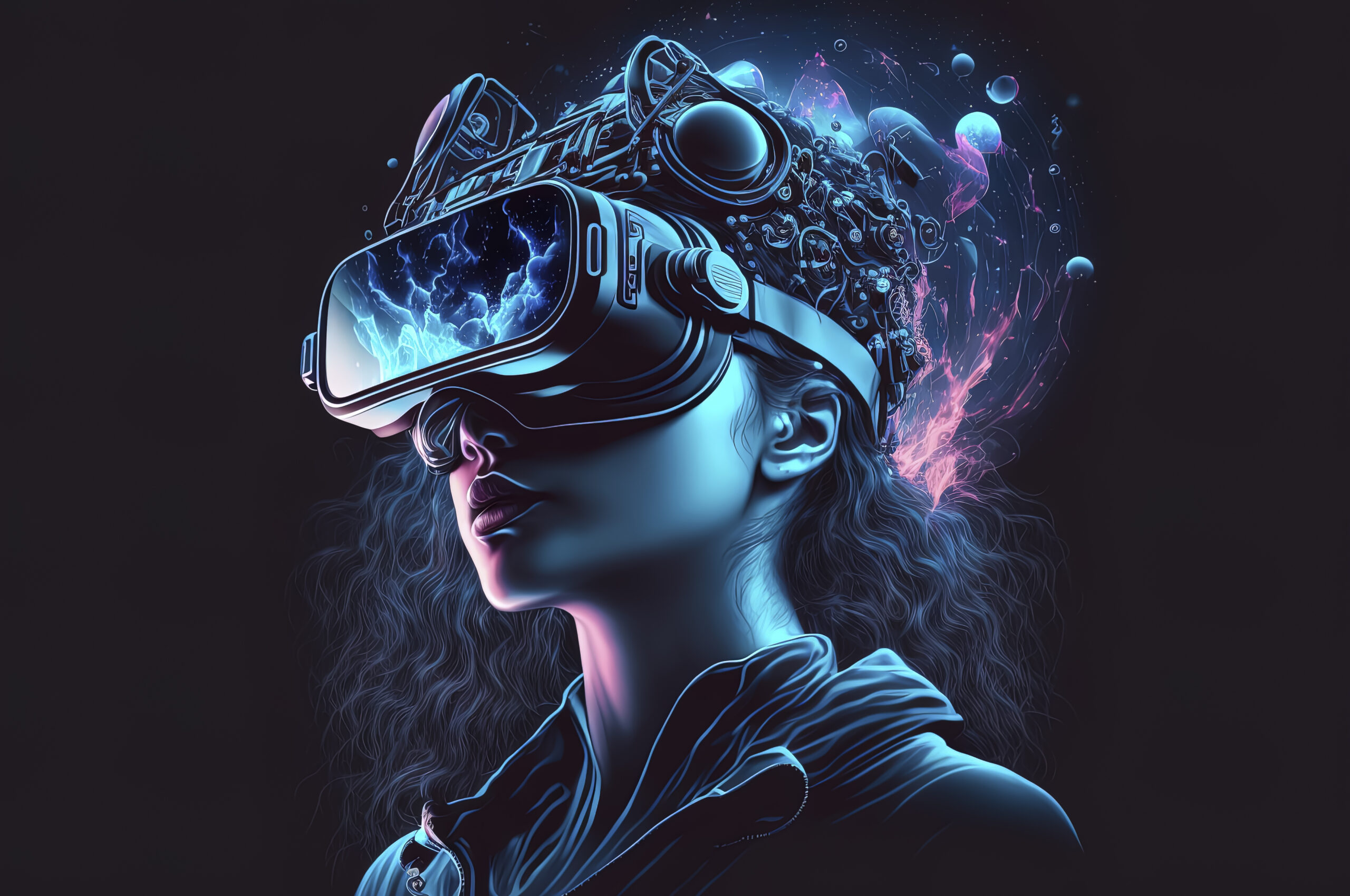 woman using bright futuristic vr glasses exploring cyberspace metaverse dark blue background scaled